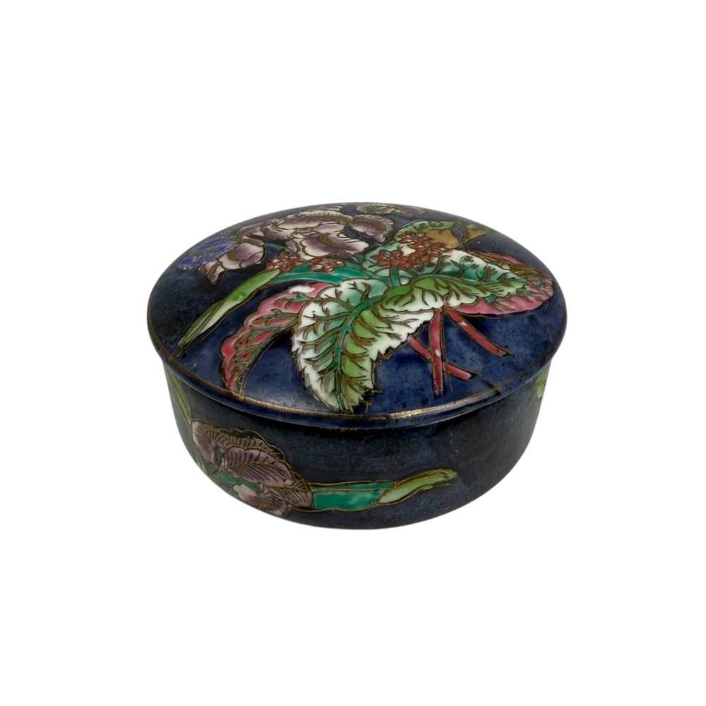 Vintage Tobacco Leaf Bowl with Lid‎ Floral Iris Decorative Trinket Box Blue Pink